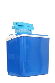 blue plastic cooling box with refills over white background