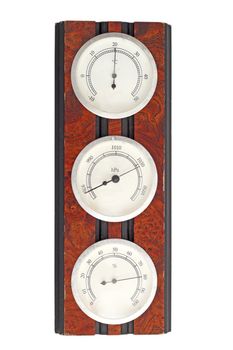old instrument of measurement - thermometer, barometer and hygrometer on a wooden frame