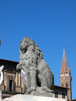 Florence - Lion Marzocco. the lion called marzocco created by donatello in the 15th century is a symbol of the florentine army in the middle age. located in piazza della signoria in front of the palazzo vecchio in florence italy