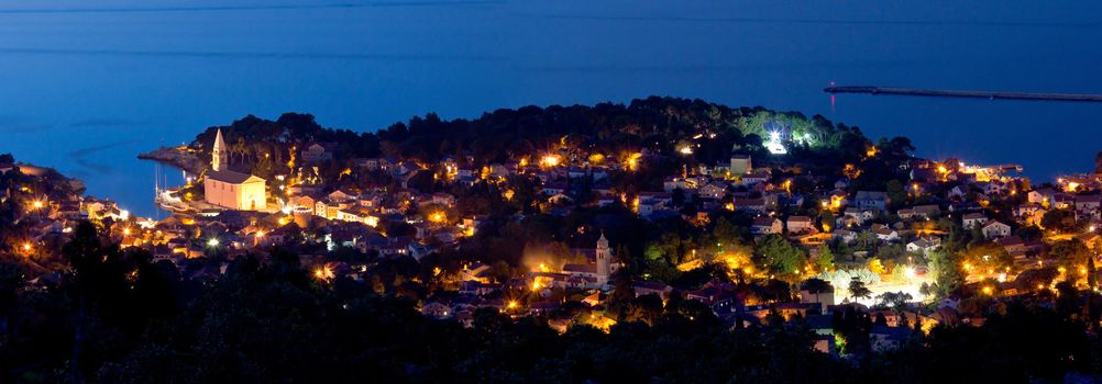 Adriatic town of Veli losinj panoramic aerial view at blue hour, Croatia