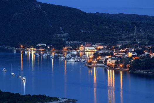 Island of Ilovik safe harbor,  blue hour view, Dalmatia, Croatia