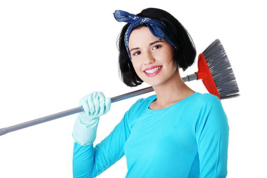 Happy cleaning woman portrait, isolated on white