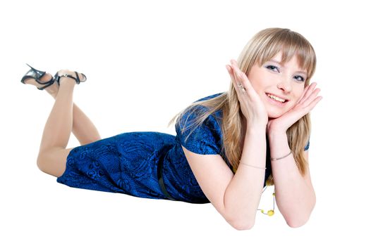 Girl in blue dress isolated on white background
