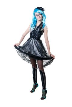 Beautiful girl in black dress isolated on white