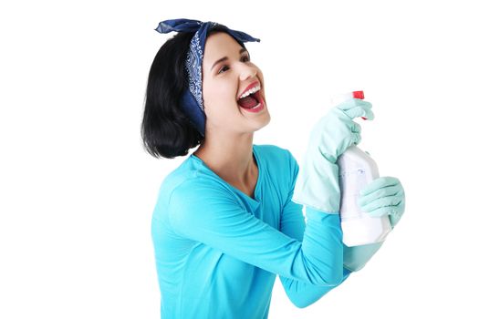 Happy cleaning woman portrait, isolated on white