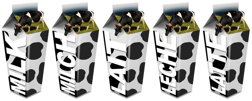 6 White carton milk with black spots and cows grazing on the top
