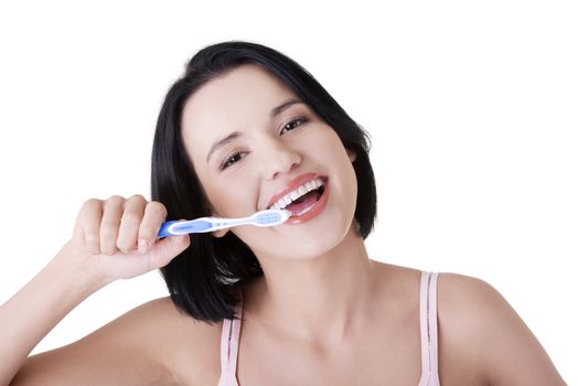 Woman with great teeth holding tooth-brush, isolated