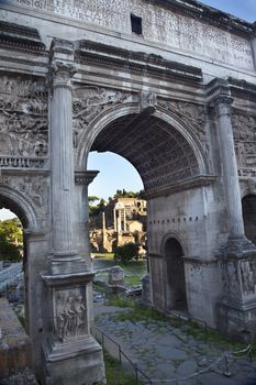 Details Arch of Septemus Severus Forum Rome Italy Stone arch was built in the memory of Emperor Septemus Severus, who reigned from 193-211AD, and his sons