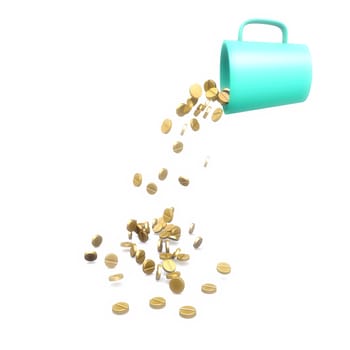 Gold tablets fall from a green mug