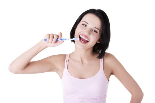 Woman with great teeth holding tooth brush, isolated