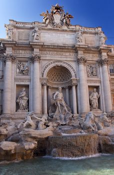 Trevi Fountain , Fontana de Trevi, Rome Italy Finished by architect Salvi in 1735 who continued work by Bernini.  Legend has it that whoever throws money into the fountain will return to Rome