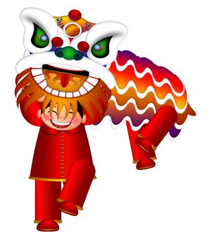 Chinese Lion Dance Colorful Ornate Head and Body by Chinese Boys Illustration Isolated on White Background