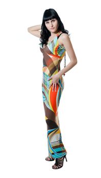 girl in abstract colored dress isolated on white