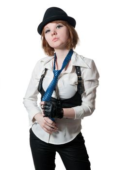 The beautiful girl dressed as the gangster isolated on white background