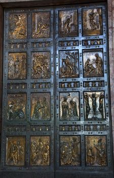 Ornate Bronze Door Front of Vatican Sculptures Christian Stories, Saints, Christ, Mary