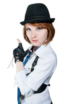 The beautiful girl dressed as the gangster isolated on white background