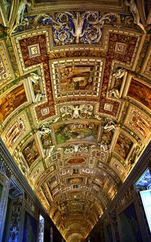 Vatican Museum Map Room Inside Ornate Sculptured Ceiling