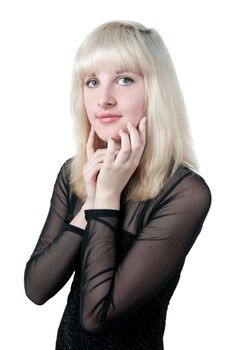 Beautiful blonde in  black dress isolated on white