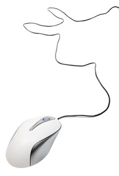 White computer mouse with wire isolated on white background.