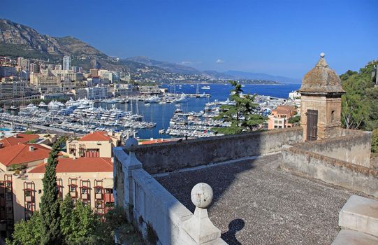 Cityscape view of Monaco principality from old tower high point.