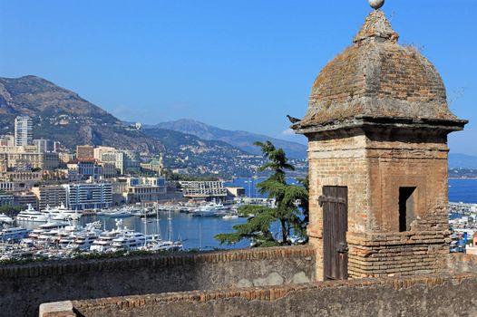 Cityscape view of Monaco principality from old tower high point.