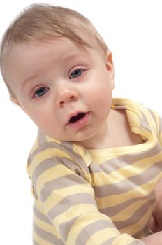 Little cute boy in striped top watching on you