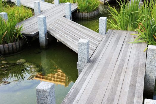 Wooden walkway in japanese garden in Monaco, Europe.