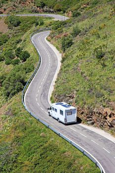 Camper on the road near border between Spain and France.