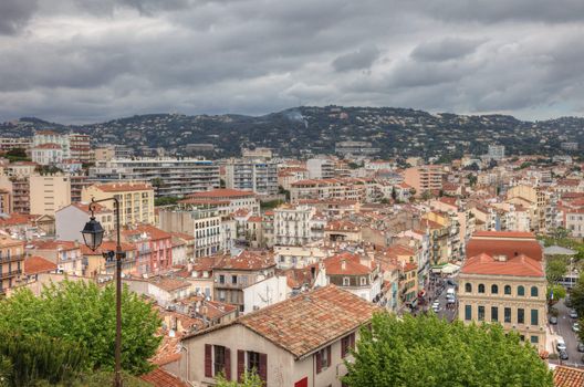 Cityscape of central Cannes during tungsten day before festival, France, Europe.