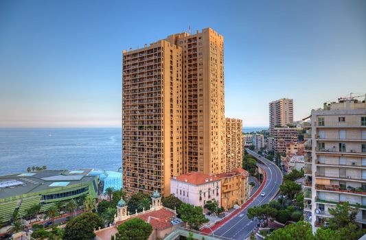 Monte-Carlo cityscape before sunset, Monaco, Europe.