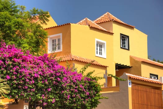 Classical spanish villa among flowers, not far from ocean. Tenerife, Spain.