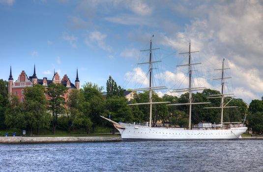 Old sweden war ship in Stockholm harbor, scandinavian Europe.