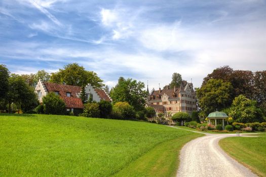 Picturesque old buildings in swiss park, Europe.