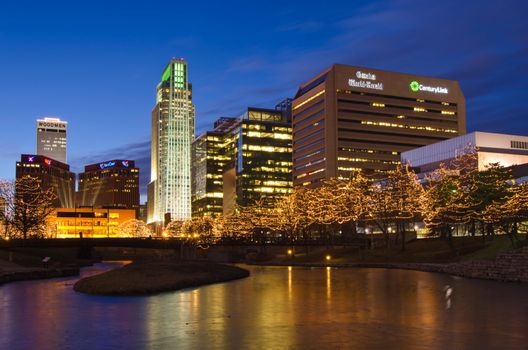 Downtown Omaha at twilight in winter, Douglas County, Nebraska, USA