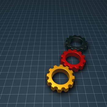 three gear wheels in german colors - 3d illustration