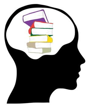 Male head silhouette with stack of books - education