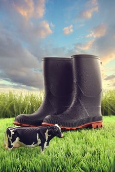 Rubber boots in grass with toy cow and bright sky