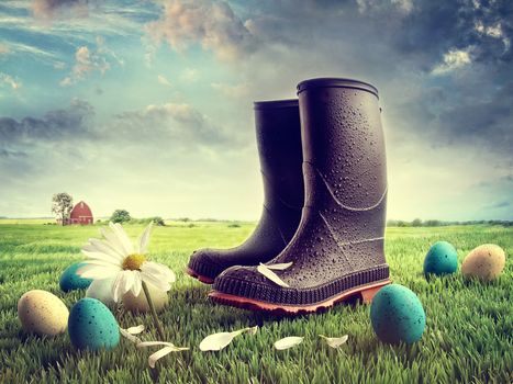 Rubber boots with easter eggs on grass in field
