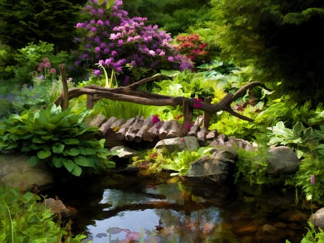 Beautiful perfect backyard landscaped garden with wooden bridge digital art manipulation