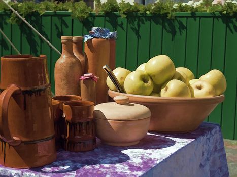 Beautiful still life of apples in rustic ceramics jar digital art manipulation