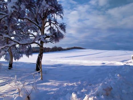 Beautiful winter fields covered with snow landscape background digital art manipulation