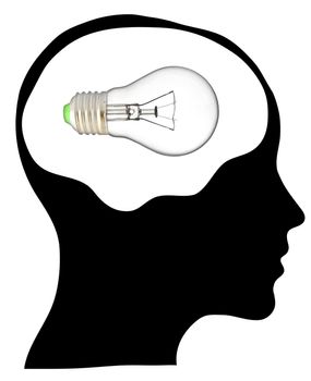 A light bulb shines in the head of a thinking man, concept of a bright idea, invention, inspiration