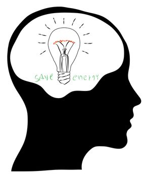 A light bulb shines in the head of a thinking man, concept of a bright idea, invention, inspiration