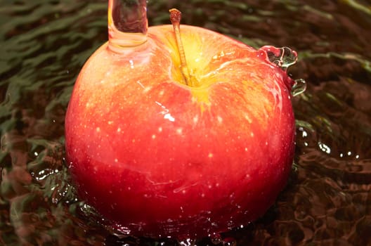 Ripe red apple is under the running water