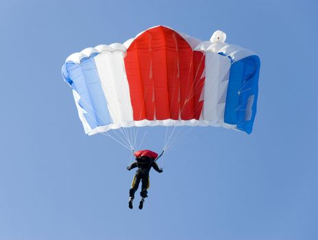 a parachutist pulling brakes above us