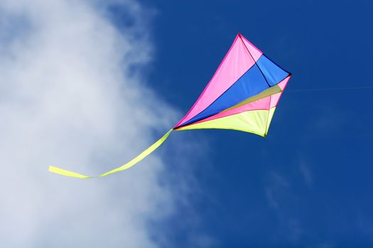 a kite flying against a blue sky in sunlight, bright colors and streaming tail
