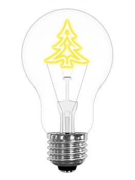 Lightbulb with sparkling christmas tree inside on white background. High resolution 3D image