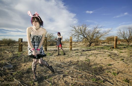 Two punk girls posing in a rural setting