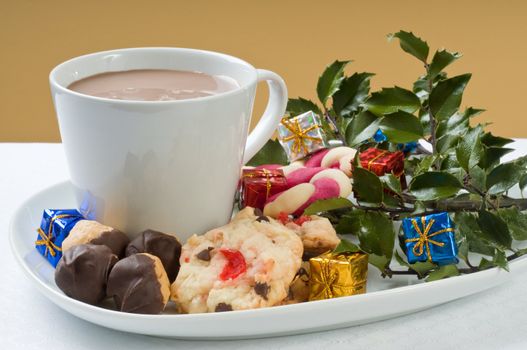 Plate full of delicious christmas treats and hot chocolate.