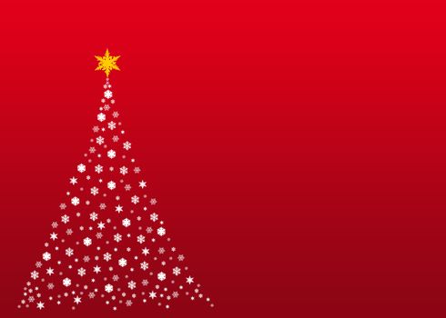 An illustration of a christmas tree formed by white  symbols made out of real snowflakes,On red gradient background, plenty of copy space and blank areas to put designs or text into.